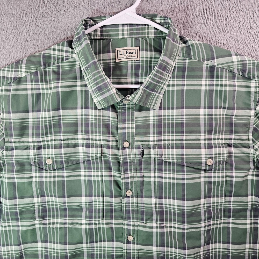 LL Bean Outdoor Shirt Men XL Button Up Short Sleeve Green Plaid